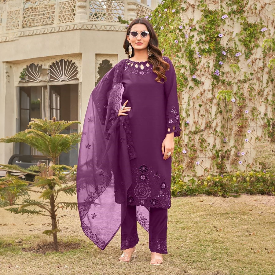 Purple Silk Partywear Suit